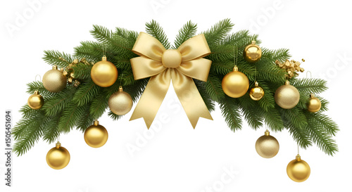 Christmas Garland of Golden Ornaments and Bow on Green Pine Branches