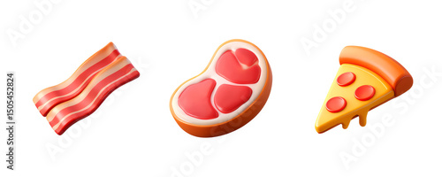 Bacon, Red Meat, Pizza, set of 3D Food Icons – Glossy Minimal Emoji Style, Isolated PNG objects