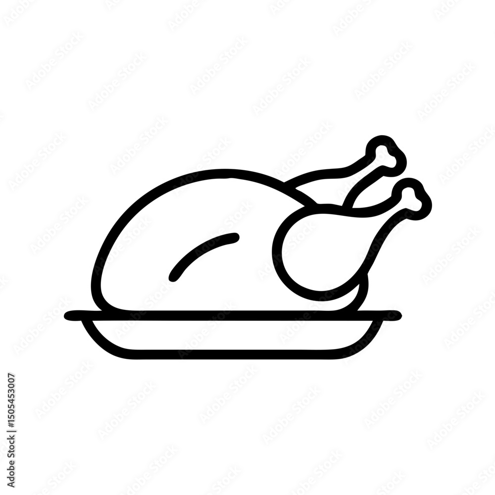 Fototapeta premium Roast turkey on a platter in simple vector linear icon style
