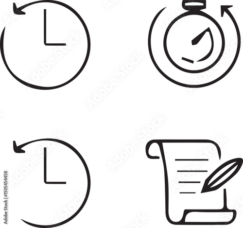 Temporal Quartet: A minimalist illustration depicting the essence of time and deadlines through four distinct graphical representations, focusing on the concept of duration.
