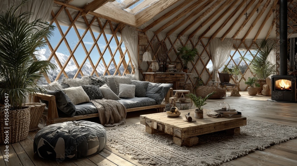 Cozy yurt interior features rustic decor and mountain views through lattice. Cozy yurt interior features rustic decor and mountain views through lattice.