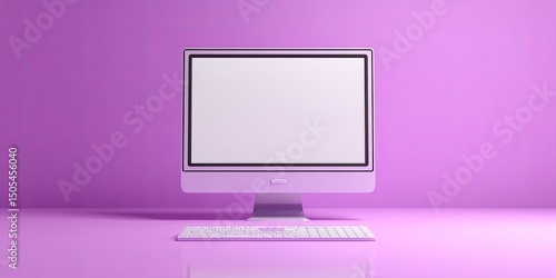 Pastel purple desktop computer with blank screen and keyboard on matching surface