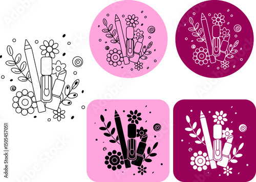 Beauty cosmetics Flower logotype. Vector graphic line illustration. Black and white cosmetic makeup art. Perfect for cards, decorations, stickers, logo, menu, various designs.