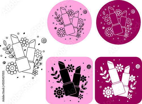 Lipstick Flower logotype. Vector graphic line illustration. Black and white cosmetic makeup art. Banner, poster, wrapping paper, sticker, print, modern textile design.