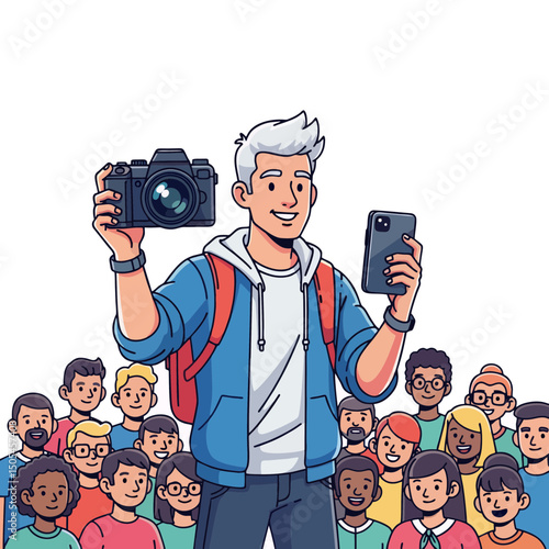 Vector illustration of a social media influencer holding a camera and phone, surrounded by a crowd of diverse followers; concept for social media marketing, influencer campaign, and online community