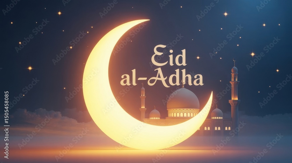 Naklejka premium Eid Mubarak Wishes with Crescent Moon and Starry Night Design