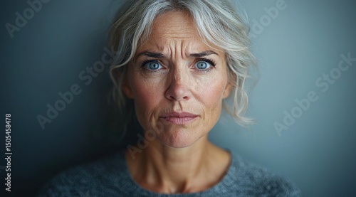 Middle-aged woman with an expressive face conveys worry, concern, and thoughtful contemplation against a muted background