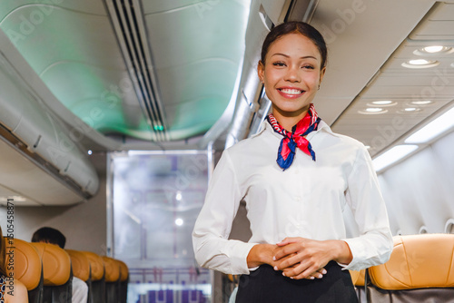 Fotografi Smiling flight attendant standing in airplane aisle, offering in-flight service