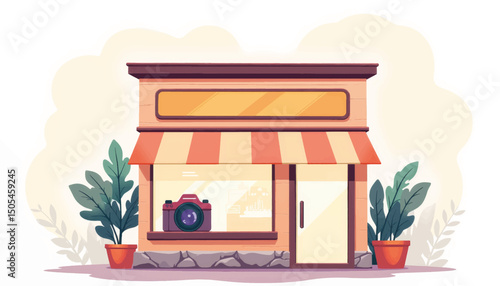 Charming photography studio storefront with camera signage, creative space