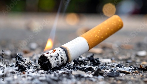 Burning Cigarette Butt on Asphalt.