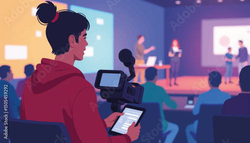 Smiling videographer recording corporate event with tech backdrop, creativity