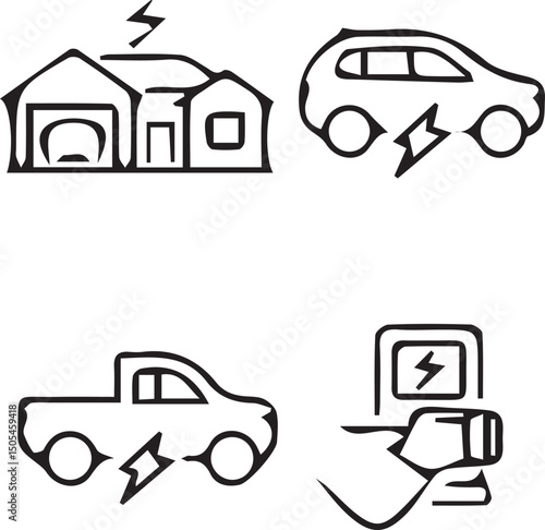 Electric Vehicle Charging Station Icons: A set of four hand-drawn style icons depicting electric vehicle charging at home and public charging station.