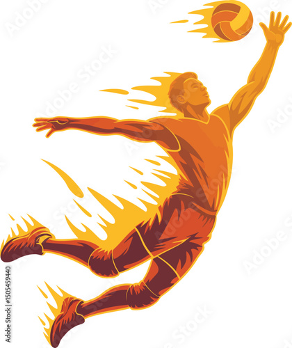 Fiery Volleyball Player Spiking with Power and Speed Illustration for Sport Design.