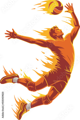 Dynamic Vector Illustration of a Volleyball Player Spiking with Fiery Energy on White.
