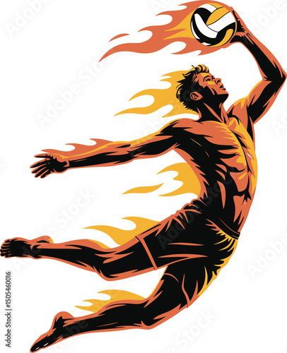 Fiery Volleyball Player Spiking with Force and Determination in Vector Illustration.