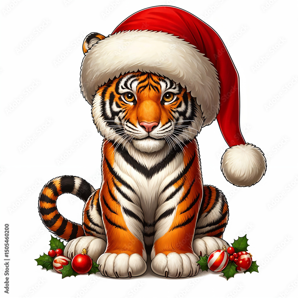 Christmas Tiger with Santa hat Cartoon Vector Illustration Christmas Tiger with Santa hat Cartoon Vector Illustration