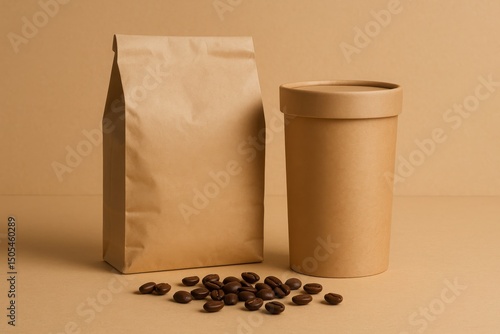 Kraft coffee pouch and cylindrical container with scattered beans on beige background perfect for coffee packaging mockups and branding