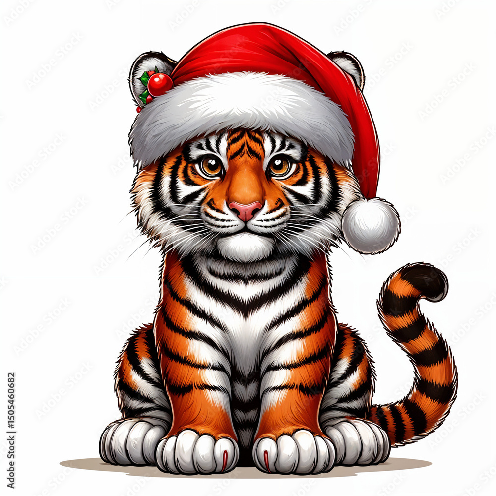 Christmas Tiger with Santa hat Cartoon Vector Illustration Christmas Tiger with Santa hat Cartoon Vector Illustration