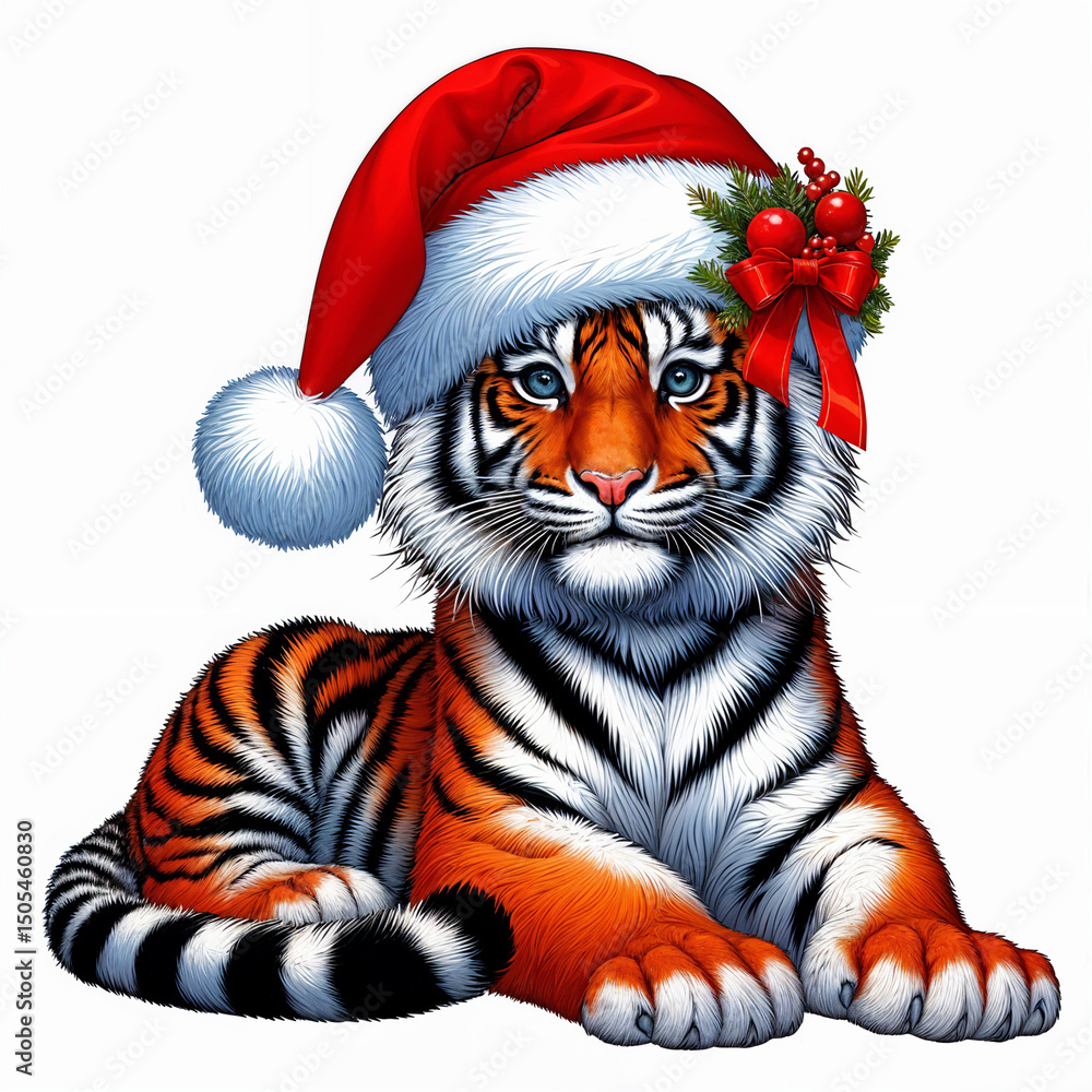 Christmas Tiger with Santa hat Cartoon Vector Illustration Christmas Tiger with Santa hat Cartoon Vector Illustration
