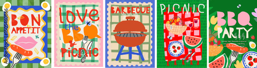 Picnic and summer barbecue party. Vector modern illustrations of BBQ in nature, checkered tablecloth on grass, sausage with fork, watermelon, basket, tomato, egg for poster postage stamp or background