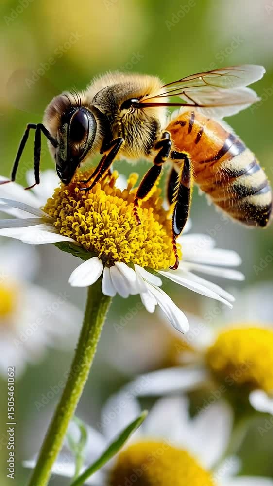 Honeybee collecting pollen from a white daisy flower in a field Honeybee collecting pollen from a white daisy flower in a field