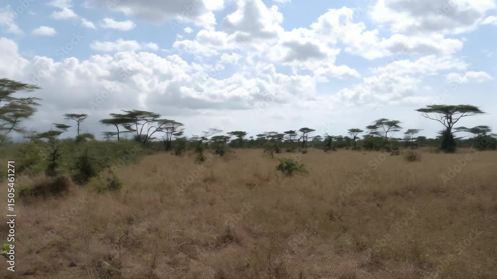 Looking over vast African savanna grassland landscape with cloudy sky, view of distant acacia trees in safari environment, from vehicle viewpoint. Looking over vast African savanna grassland landscape with cloudy sky, view of distant acacia trees in safari environment, from vehicle viewpoint.