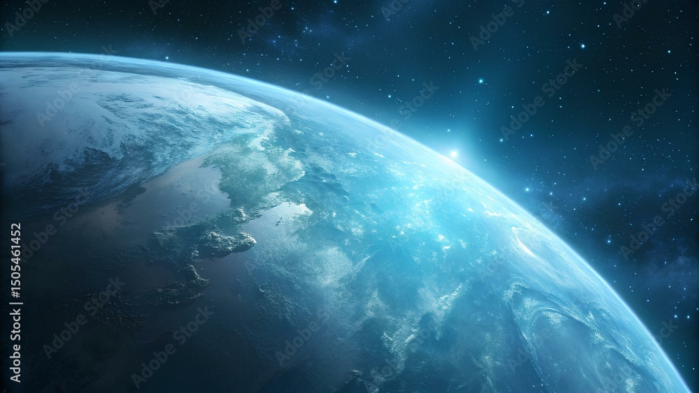 Fototapeta premium Spectacular View of Planet Earth from Outer Space, Illuminated by Sunlight with Visible Landmasses and Cloud Formations, Capturing the Beauty and Vastness of the Universe in a Stunning Cosmic Perspect