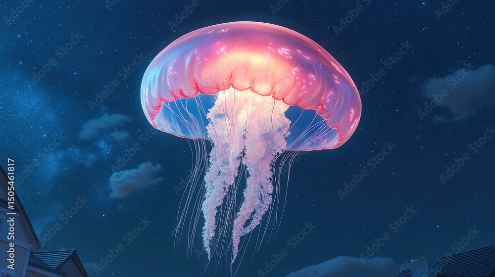 Naklejka premium Floating jellyfish spectacle night sky digital art surreal environment dreamlike viewpoint