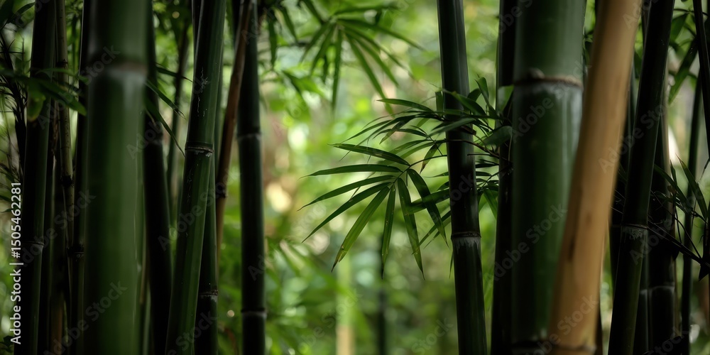 Fototapeta premium Lush green bamboo forest with sunlight filtering through the leaves and stalks. A serene natural background or texture.