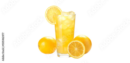 Refreshing Lemonade Glass: Citrus Drink with Ice
Fresh Lemon Juice on White Background - Summer Beverage
