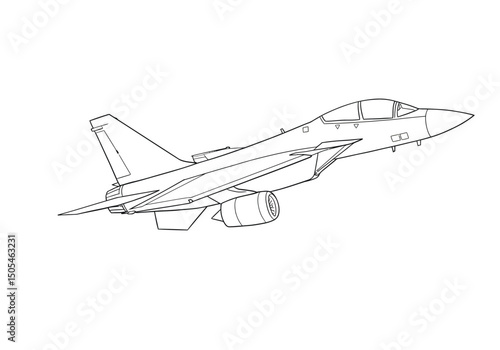 Jet airplane drawing. It is a black and white outline image of a jet airplane, possibly a fighter aircraft known for its speed and power. Vector sketch line art draw.