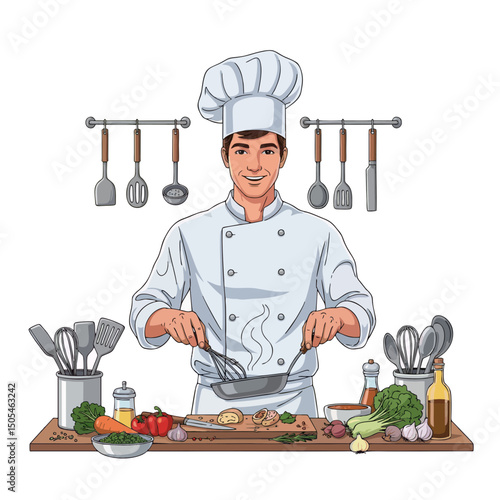 Smiling chef cooking in a kitchen with various ingredients and utensils, concept for culinary, restaurant, cookbook, and food blog