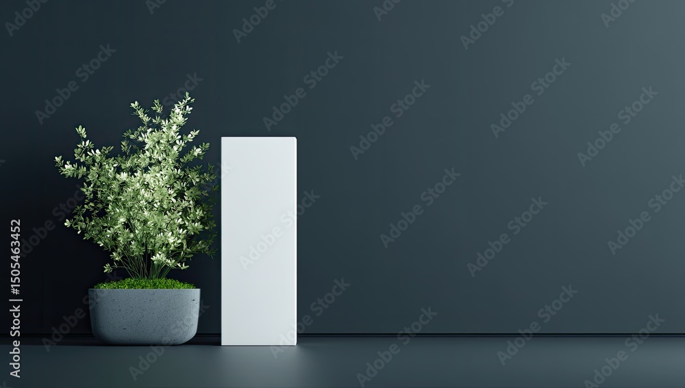 Fototapeta premium Minimalist scene grey pot with small flowering plant beside tall white rectangle against dark wall