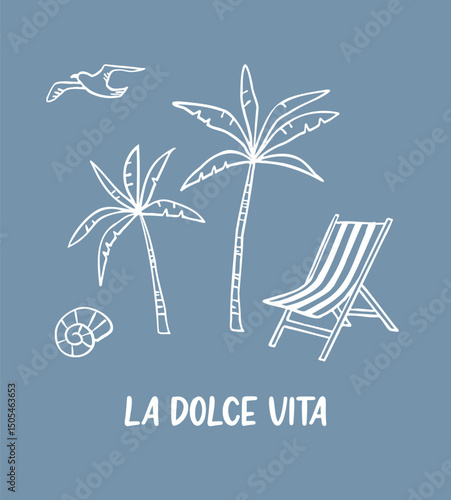 Hand draw summer collection. Palm, sea. Crayon drawing style, Italian la dolce vita
