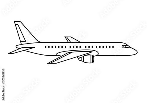 Aircraft easy drawing. It is a black and white outline image of a simplified passenger airplane, suitable for an easy drawing or coloring. Vector sketch line art draw.