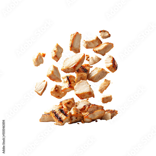 Falling Grilled chicken slices chopped meat isolated on a transparent background, in a PNG format