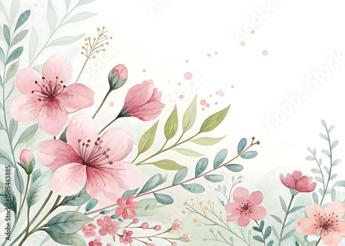 Watercolor painting with blooming pink flowers and soft green foliage background