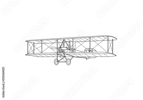 Wright flyer drawing. It is a black and white outline sketch of the historic Wright Brothers' airplane or early aircraft. Vector sketch line art draw.