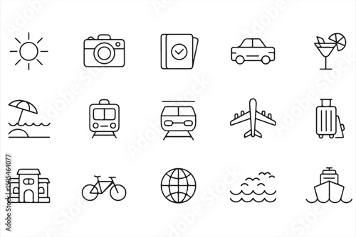 Icon Set for Travel Representing Airplanes, Luggage, Beaches, and Leisure Activities