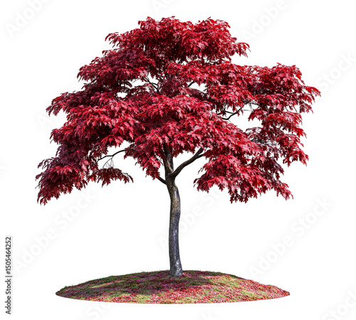 A red tree with no leaves is standing on a hill