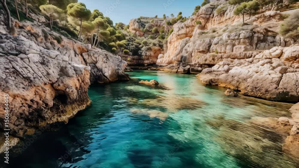 A serene coastal landscape with turquoise waters, rocky cliffs, and lush trees reflecting nature's beauty. A serene coastal landscape with turquoise waters, rocky cliffs, and lush trees reflecting nature's beauty.