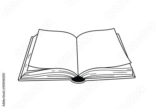 Opened book drawing. It is a black and white outline image of an open book with blank pages, ready for reading or writing. Vector sketch line art draw.