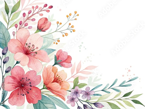 Elegant watercolor floral corner arrangement in shades of pink, purple and green