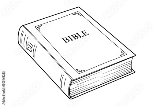 Bible drawing. It is a black and white outline image of a closed Bible, a holy scripture and religious book central to Christianity. Vector sketch line art draw.