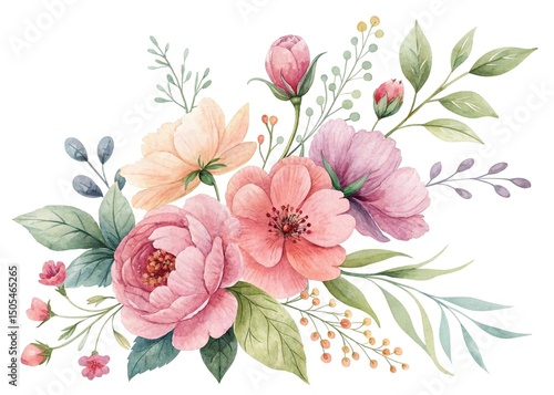 Watercolor floral bouquet with pastel pink, peach, and purple flowers on white
