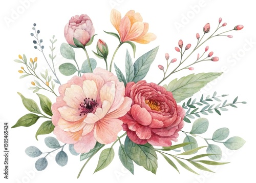 Watercolor floral arrangement with pink and peach flowers on white background
