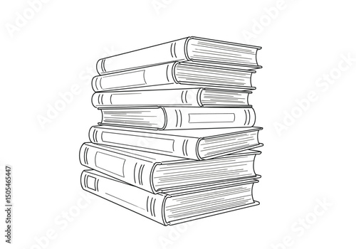 Books stacked drawing. It is a black and white outline image depicting a tall stack of books, symbolizing knowledge and education. Vector sketch line art draw.