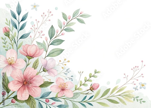 Watercolor painting of elegant pink floral arrangement, leaves and berries on white