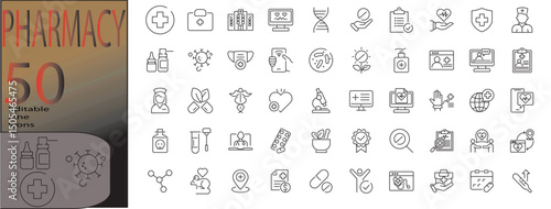 pharmacy line editable icon set. Editable stroke. Vector illustration	