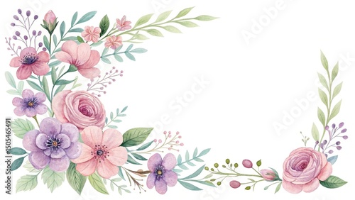 Watercolor floral frame with pink and purple flowers and green leaves